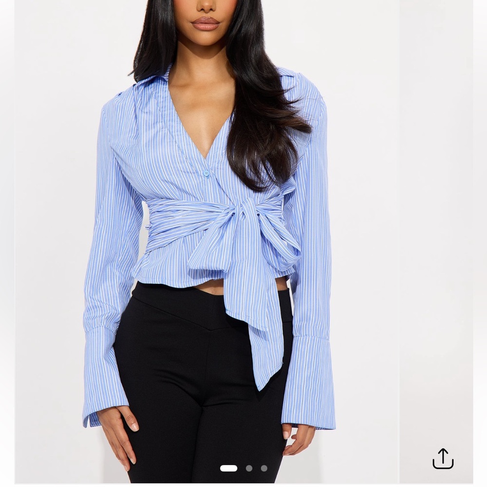 🆕 Blue and White Striped Wrap Poplin Blouse